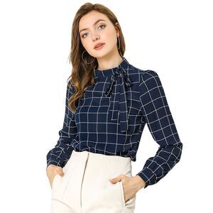 Bow Tie Neck Grid Checks Shirt Tops Blouses Navy Blue